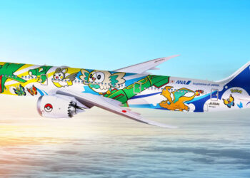 ANA & Pokémon partner up to take Pikachu and friends to the skies, MTB Events, Image shows a Boeing 787-9 aircraft painted with colourful Pokémon characters, flying in the sky at sunrise