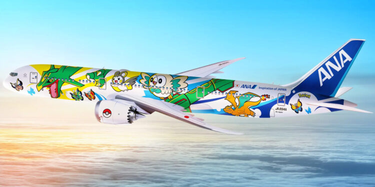 ANA & Pokémon partner up to take Pikachu and friends to the skies, MTB Events, Image shows a Boeing 787-9 aircraft painted with colourful Pokémon characters, flying in the sky at sunrise