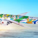 ANA & Pokémon partner up to take Pikachu and friends to the skies, MTB Events, Image shows a Boeing 787-9 aircraft painted with colourful Pokémon characters, flying in the sky at sunrise