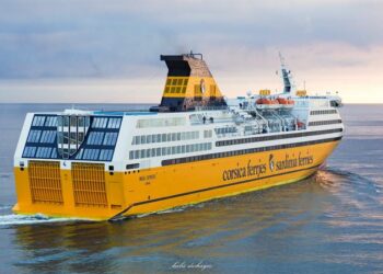Corsica Ferries to seek optimal sustainability with Wärtsilä’s Decarbonisation Modelling service, MTB Events, image shows yellow and white Corsica ferry on the water
