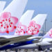 China Airlines signs order for eight Boeing 787 passenger aircraft, MTB Events, image shows the tail of six China Airlines aircraft all with the pink blossom logo