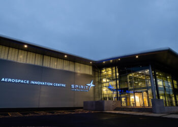 Collaboration announced between Spirit AeroSystems & Solvay, MTB Events, image shows Spirit’s Aerospace Innovation Centre (AIC) in Prestwick, Scotland, in the evening.