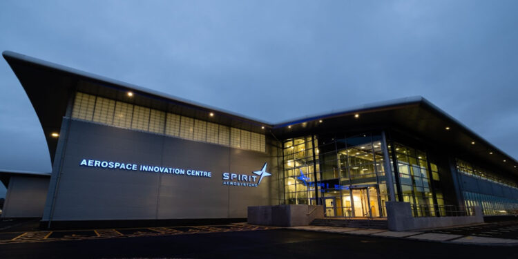 Collaboration announced between Spirit AeroSystems & Solvay, MTB Events, image shows Spirit’s Aerospace Innovation Centre (AIC) in Prestwick, Scotland, in the evening.