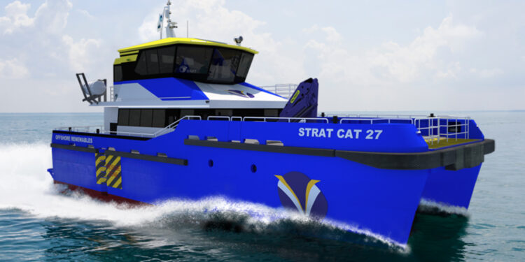Strategic Marine’s StratCat 27 (SC27) grows in popularity with new order from France, MTB Events, Image shows A blue crew vessel on the seas