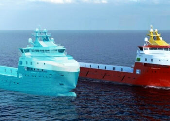 VARD presents development of PIEZO's battery powered PSV, MTB Events, Image shows a red and white PSV alongside the same vessel but fully light blue and slightly see through to show the simulation, both are in the ocean with blue skies