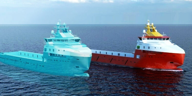 VARD presents development of PIEZO's battery powered PSV, MTB Events, Image shows a red and white PSV alongside the same vessel but fully light blue and slightly see through to show the simulation, both are in the ocean with blue skies