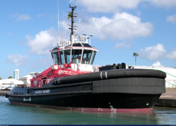 The HaiSea Wamis, the worlds first fully electric tugboat, has arrived, MTB Events, Image shows the HaiSea Wamis tugboa at Fort de France on June 8th 2023. The boat is coloured red, white and black