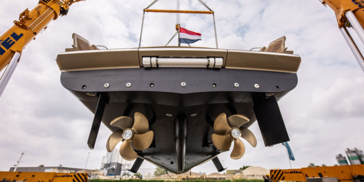 New images of the Van Der Valk Pilot as it hits the water, MTB events, Image shows rear of the Pilot as it is being hauled into the water by two yellow cranes