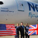 Norse Atlantic celebrates inaugural flights to LAX & SFO, MTB Events, Image shows Boeing 787 dreamliner on the runway with 5 Norse Atlantic Airways crew members, two holding a union jack and two holding the flag of the United States