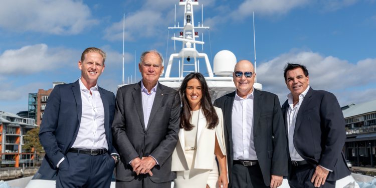Ahoy Club & Ray White Marine merge to create a maritime powerhouse, MTB Events. Image shows 5 leaders of the retrospective companies aboard a yacht