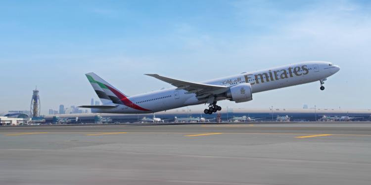 More chances to travel with Emirates this winter, MTB Events. Image shows an Emirates plane taking off on a clear day with blue skies.