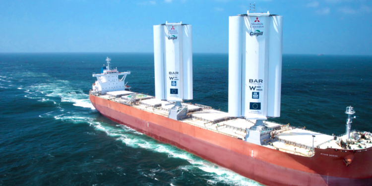 Ground breaking wind propulsion technology, WindWings, has set sail, MTB Events. Image shows the Pyxis Ocean sailing with the WindWings