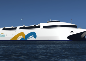 Wärtsilä to power the world's largest battery powered ship, MTB Events. Image shows The vessel (illustrated - © Incat Tasmania Pty Ltd.) is a new ferry being built by Incat Tasmania and will be the largest ever vessel of its type.