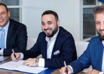 Three new CF 3850 have been agreed by Damen Shipyards & Feyz Group, MTB Events, Image shows From left to right: Boran Bekbulat (Regional Sales Director, Damen Shipyards), Engin Aynaci (General Manager, Feyz Group), Husameddin Gergin (President, Sky Eagle Inc.)
