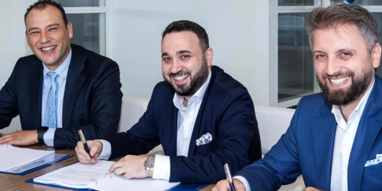 Three new CF 3850 have been agreed by Damen Shipyards & Feyz Group, MTB Events, Image shows From left to right: Boran Bekbulat (Regional Sales Director, Damen Shipyards), Engin Aynaci (General Manager, Feyz Group), Husameddin Gergin (President, Sky Eagle Inc.)