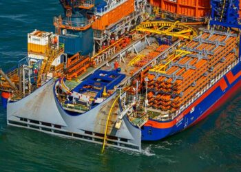 Balmoral floats into the offshore wind sector, MTB Events. Image shows a fibre flex installation on a large blue and red vessel at sea