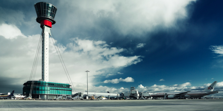 Heathrow begins revolutionary trials using low carbon concrete, MTB Events, Image shows a control tower at Heathrow Airport with clouds