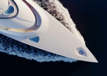 Feadship debuts Dunes, a nature inspired, sustainable superyacht, MTB Events, Image shows concept artwork of the new superyacht on the sea