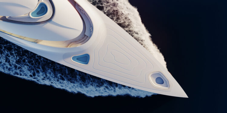 Feadship debuts Dunes, a nature inspired, sustainable superyacht, MTB Events, Image shows concept artwork of the new superyacht on the sea