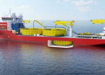 Record breaking cable laying vessel, Fleeming Jenkin, ordered by Jan De Nul, MTB Events. Image shows a side on picture of Fleeming Jenkin, a cable laying vessel