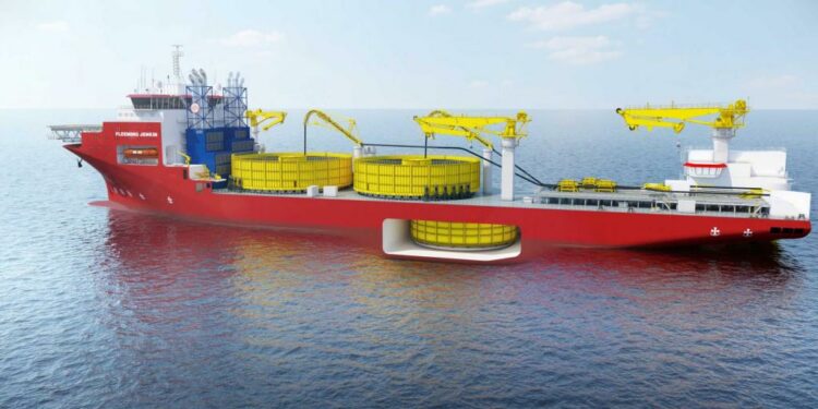 Record breaking cable laying vessel, Fleeming Jenkin, ordered by Jan De Nul, MTB Events. Image shows a side on picture of Fleeming Jenkin, a cable laying vessel