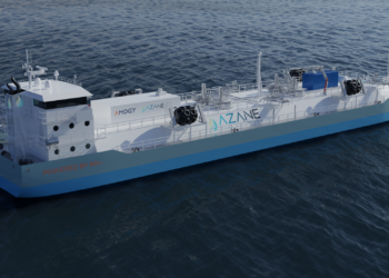 Azane and Amogy collaborate to build zero-emissions bunker vessel, MTB Events. Image shows a concept vessel with Azane and Amogy logos