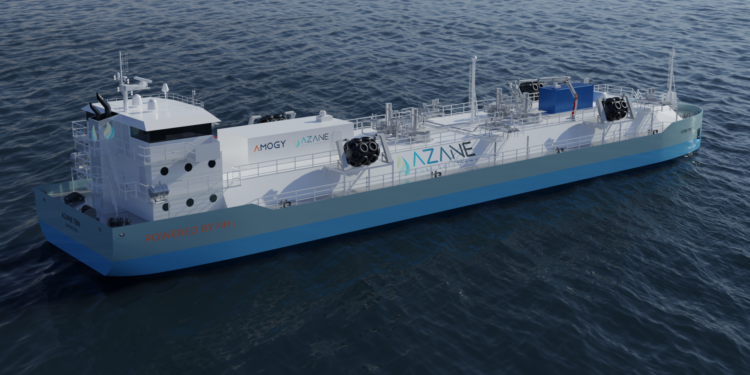 Azane and Amogy collaborate to build zero-emissions bunker vessel, MTB Events. Image shows a concept vessel with Azane and Amogy logos