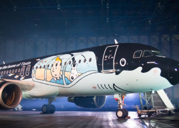 7 of the most unusual and impressive aircraft liveries, MTB Events. Image shows a Brussels Airlines aircraft painted with images from the comic of Tintin.