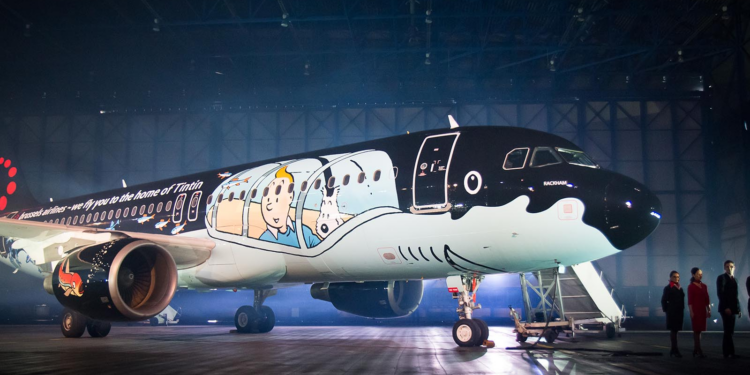 7 of the most unusual and impressive aircraft liveries, MTB Events. Image shows a Brussels Airlines aircraft painted with images from the comic of Tintin.