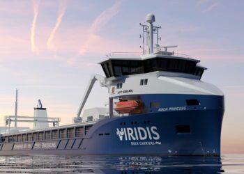 Wärtsilä continues their decarbonisation journey with the introduction on world-first 4-stroke engine-based ammonia solution, MTB Eventss. Image shows an illustration of the ammonia powered vessel under development created by Viridis Bulk Carriers