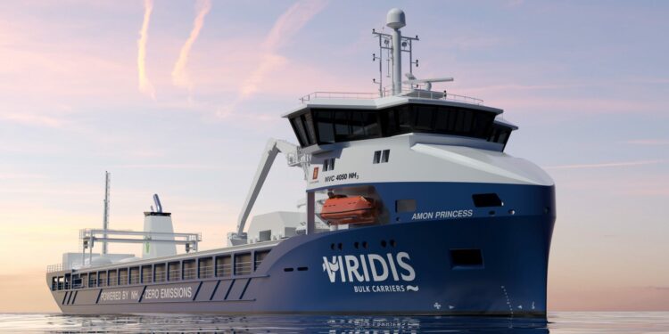 Wärtsilä continues their decarbonisation journey with the introduction on world-first 4-stroke engine-based ammonia solution, MTB Eventss. Image shows an illustration of the ammonia powered vessel under development created by Viridis Bulk Carriers