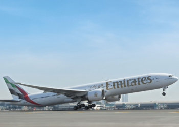 Emirates places US$ 52 billion wide-body aircraft order at Dubai Airshow 2023, MTB Events. Image shows Emirates B777 taking off from Dubai International Airport