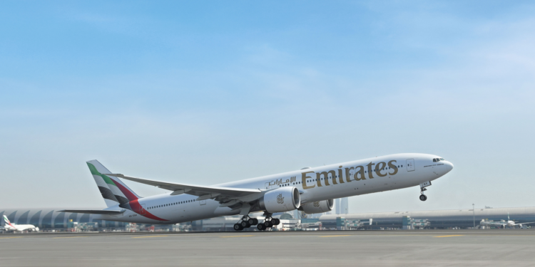 Emirates places US$ 52 billion wide-body aircraft order at Dubai Airshow 2023, MTB Events. Image shows Emirates B777 taking off from Dubai International Airport