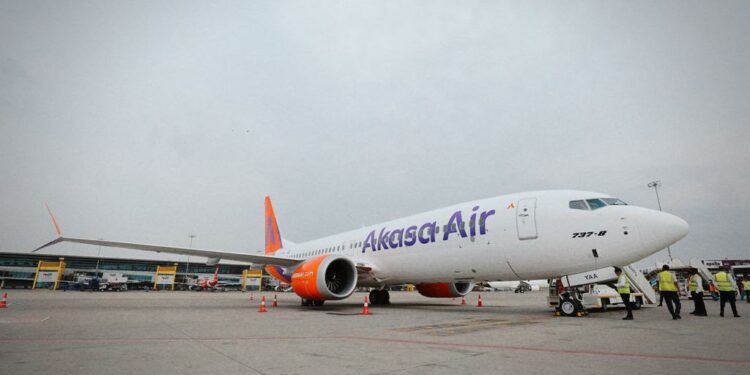 Order of 150 Boeing 737 Max has been placed by Akasa Air, MTB Events. Image shows Alaska Air Aircraft on tarmac at Delhi Airport