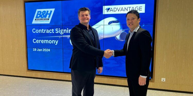 Three year deal agreed between B&H Worldwide and AFT, MTB Events. Image shows two men shaking hands in front of B&H Worldwide logo