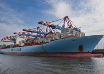Maersk & Flying Tiger Copenhagen partner to reduce greenhouse gases, MTB Events. Image shows Elly Maersk cargo vessel in Hamburg