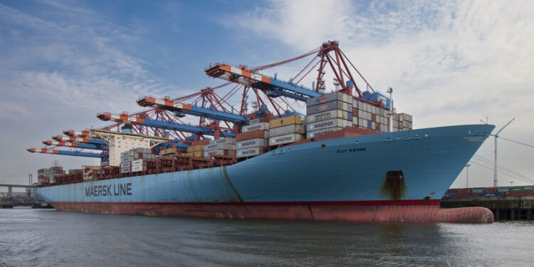 Maersk & Flying Tiger Copenhagen partner to reduce greenhouse gases, MTB Events. Image shows Elly Maersk cargo vessel in Hamburg