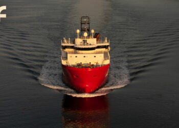 Contract awarded to DOF to repair an offshore wind export cable, MTB Events. Image shows a DOF offshore vessel front on