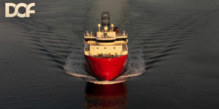 Contract awarded to DOF to repair an offshore wind export cable, MTB Events. Image shows a DOF offshore vessel front on