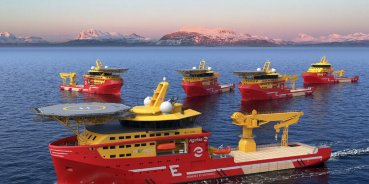 World's first methanol-powered vessel for subsea & offshore wind launched by Eidesvik Offshore, MTB Events. Image shows concept image of the CSV's to be built.