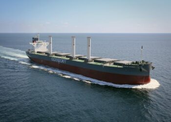 Rotor Sails™ to be fitted by Norsepower & Oldendorff, MTB Events. Image shows an Oldendorff shipping vessel with Norsepower Rotor Sails installed.