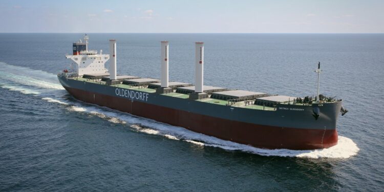 Rotor Sails™ to be fitted by Norsepower & Oldendorff, MTB Events. Image shows an Oldendorff shipping vessel with Norsepower Rotor Sails installed.