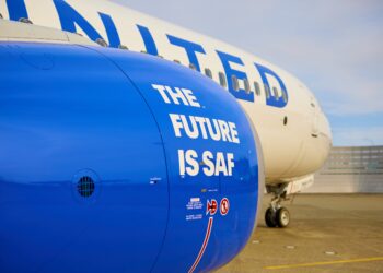 New corporate partners push United's Sustainable Flight Fund to over $200 million, MTB Events. Image shows a United airlines plane with the text 'The future is SAF' printed on the engine
