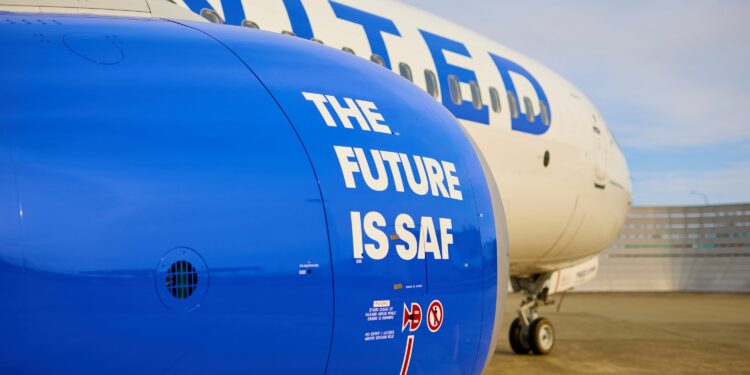 New corporate partners push United's Sustainable Flight Fund to over $200 million, MTB Events. Image shows a United airlines plane with the text 'The future is SAF' printed on the engine