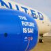 New corporate partners push United's Sustainable Flight Fund to over $200 million, MTB Events. Image shows a United airlines plane with the text 'The future is SAF' printed on the engine