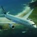 In support of its 2050 net-zero objective, Cathay sets a new 2030 carbon intensity target, MTB Events. Image shows a Cathay Pacific aircraft flying over a green coast