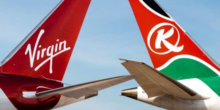 New codeshare partnership announced between Virgin & Kenya, MTB Events. Image shows the tail of a Virgin Atlantic aircraft and a Kenya Airways aircraft