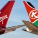 New codeshare partnership announced between Virgin & Kenya, MTB Events. Image shows the tail of a Virgin Atlantic aircraft and a Kenya Airways aircraft