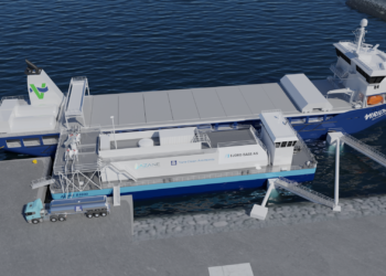 World's first low emission ammonia bunkering terminal to be built, MTB Events. Image shows Illustration of Yara Clean Ammonia, Azane and Fjord Base bunkering barge