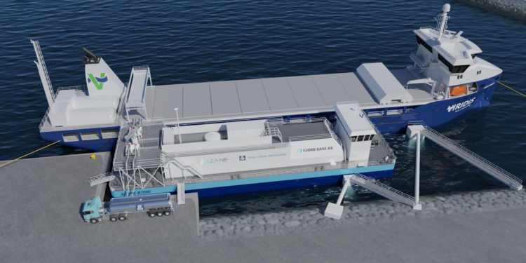 World's first low emission ammonia bunkering terminal to be built, MTB Events. Image shows Illustration of Yara Clean Ammonia, Azane and Fjord Base bunkering barge